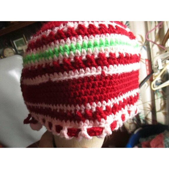 Vintage Handmade Crochet Hat Red White Green Striped Pattern With Pom-Pom Trim - Picture 4 of 10